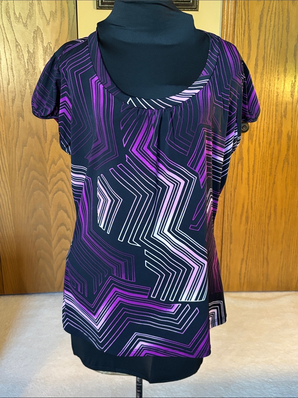 Worthington Black Geometric Short Sleeve Blouse with Purple Accents